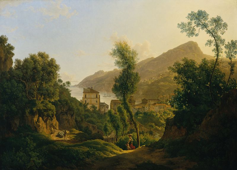 Oil painting by Joseph Rebell depicting a serene landscape of Vietri and the sea.