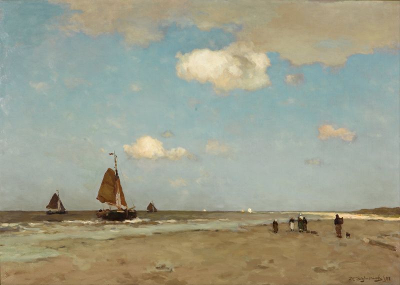 Beach scene by Johan Hendrik Weissenbruch, depicting waves lapping the shore in a realistic style.