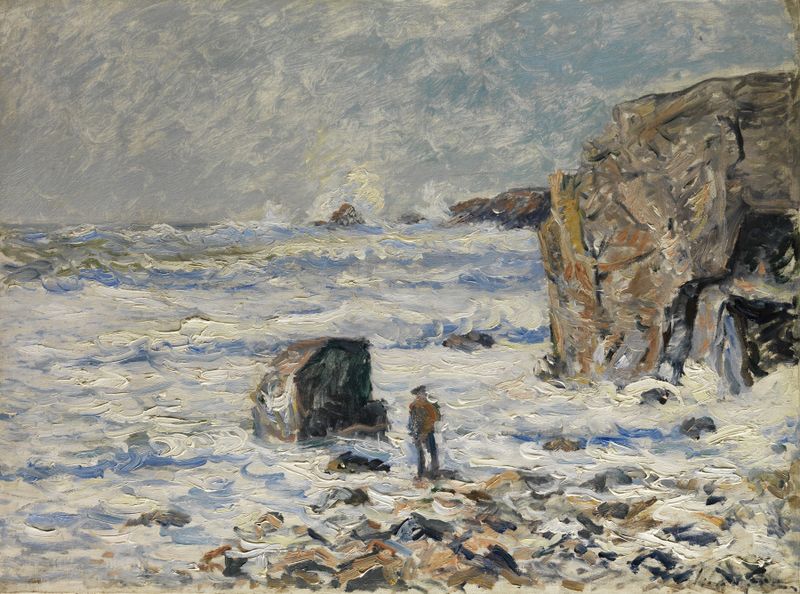 Cena marinha de Maxime Maufra, Pós-Impressionismo, com azuis e cinzas suaves.