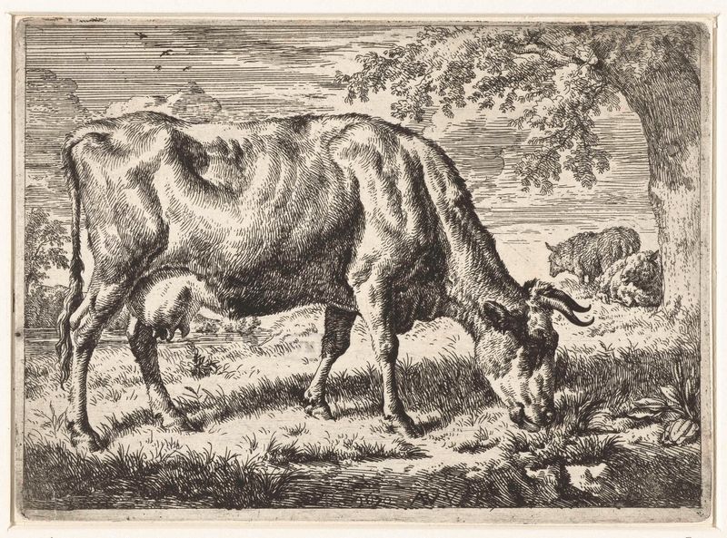 Etching by Adriaen van de Velde featuring a cow and two sheep in a tranquil landscape.