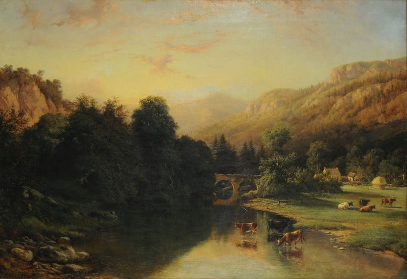 Paisaje de Henry Sheridan, óleo que muestra colinas bajo un cielo crepuscular