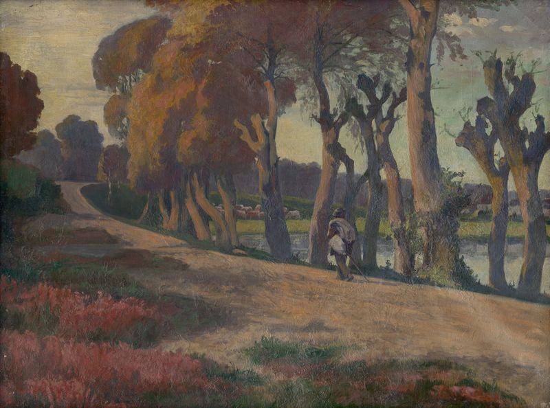 Paisaje con un Pastor de Jozef Hanula, pintura al óleo que muestra a un pastor en luz dorada.