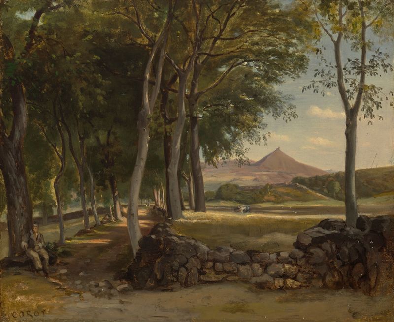 Paisagem com árvores e montanhas, pintura a óleo de Jean-Baptiste-Camille Corot