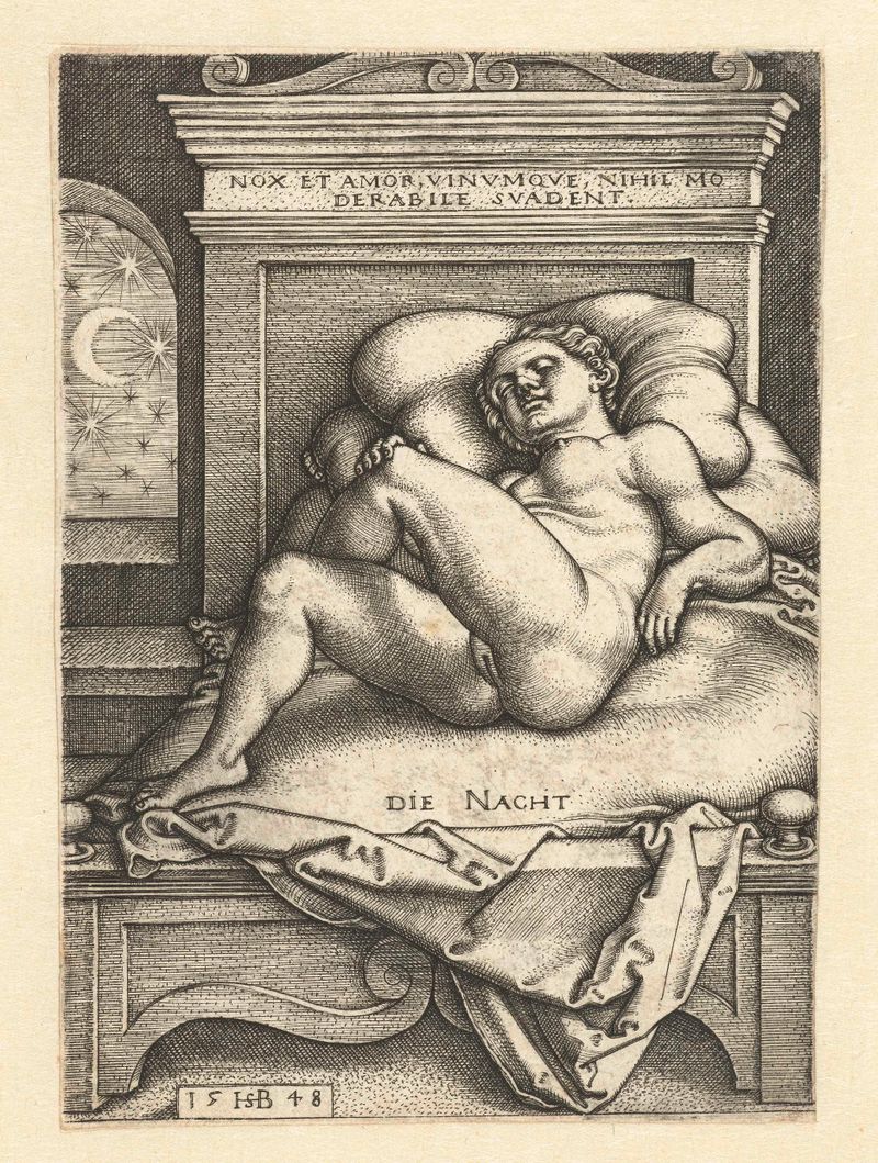 Figura desnuda reclinada en grabado de Hans Sebald Beham