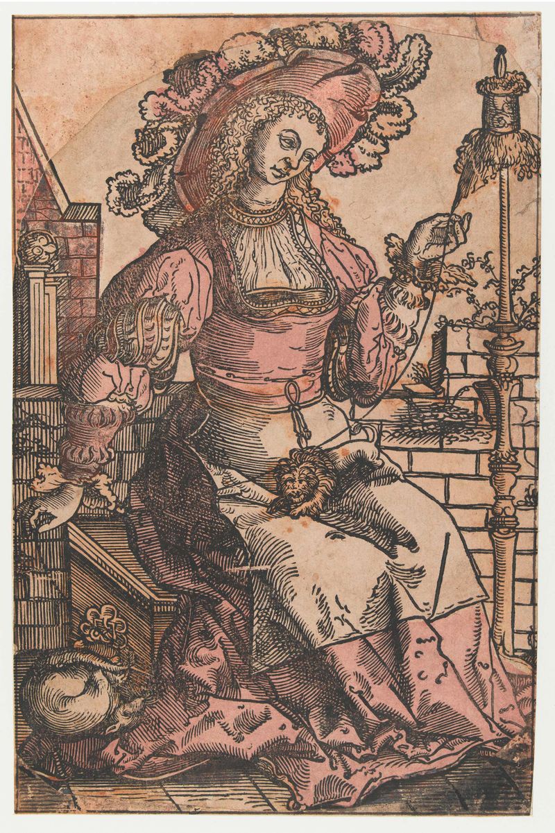 Grabado de Lucas van Leyden que muestra a una mujer hilando lana en un interior cálido.