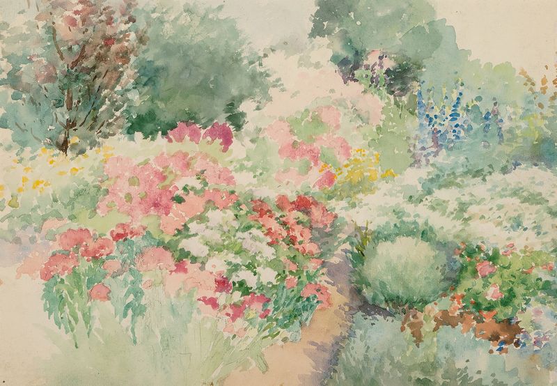 Flower Garden by Theodore Earl Butler, impressionism, depicting a solitary figure among flowers