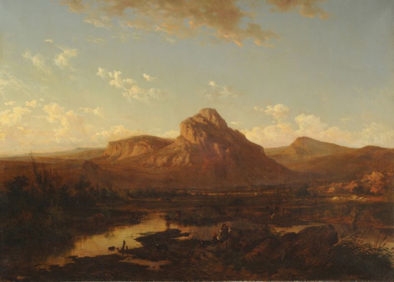 Landscape by Carlos de Haes, oil painting depicting gentle hills and light through foliage.