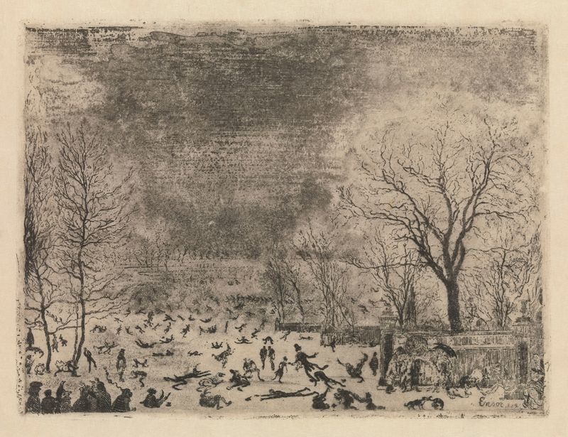 Os Patinadores de James Ensor, óleo sobre tela, retrata figuras patinando em um lago congelado.