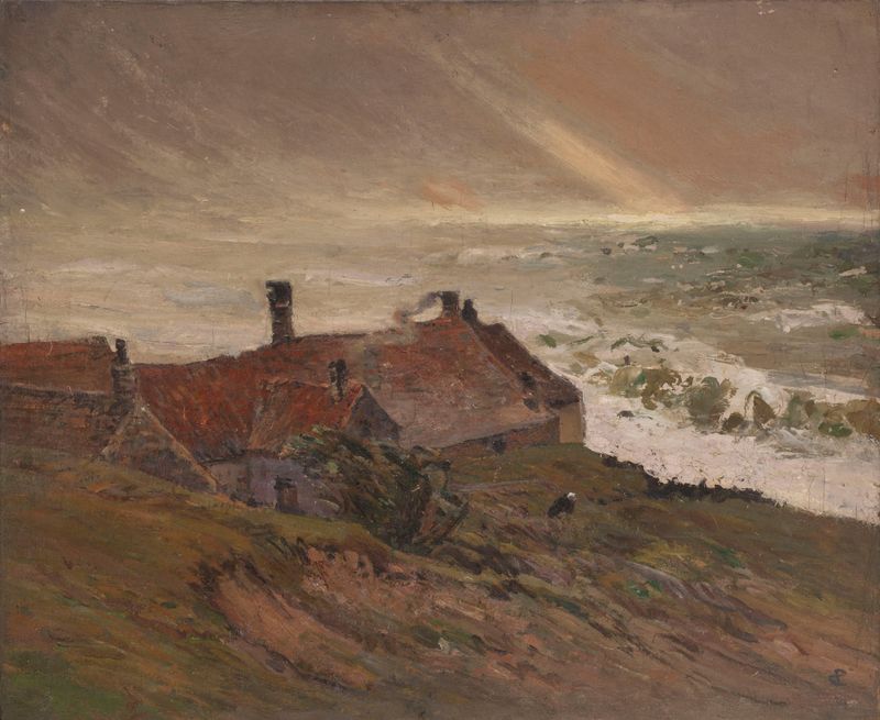 Pintura a óleo de Edmond de Palézieux retratando um mar tumultuoso com figuras sombrias.