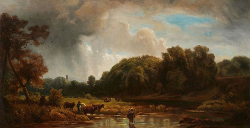 Cows by a watering trough under a stormy sky, oil on canvas by Eduard Schleich The Elder.
