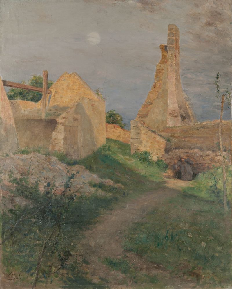 The Ruins by Georg Pauli, oil on canvas depicting crumbling pillars and light filtering through