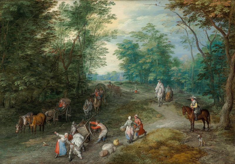 Paisaje boscoso con viajeros, pintura al óleo de Jan Brueghel el Viejo
