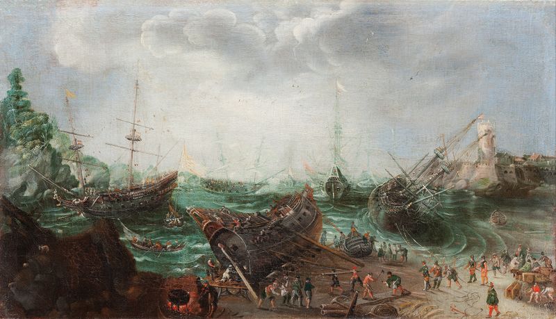 Harbour scene by Adam Willaerts, oil on canvas depicting boats and shimmering water