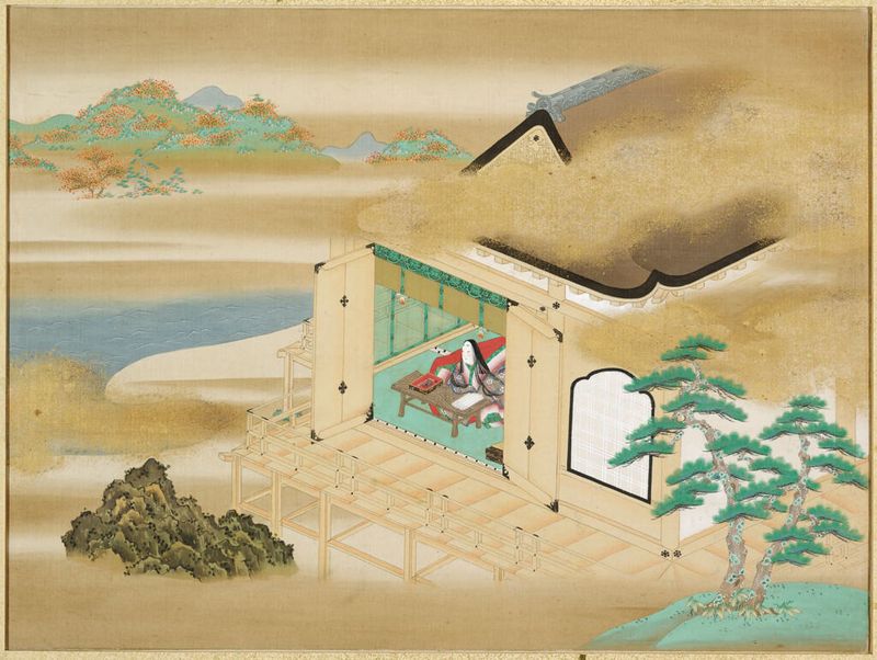 Murasaki Shikibu writing at Ishiyamadera, gold, Tosa Mitsuoki