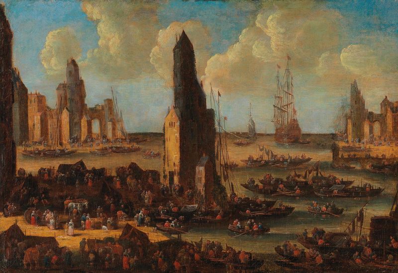 Um porto com numerosos barcos, pintura a óleo de Pieter Casteels II