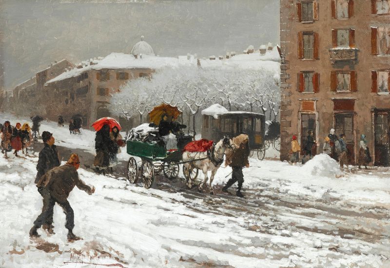 Paisaje urbano nevado de Mosè Bianchi, que muestra adoquines y suave nieve.