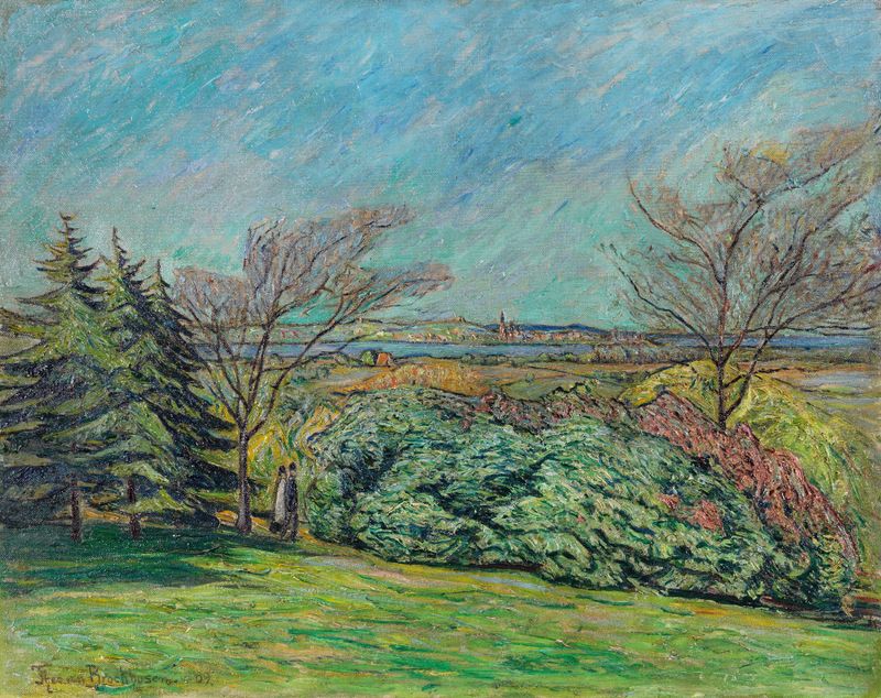Blick vom Franzensberg by Theo Von Brockhusen, oil painting depicting a sunset landscape.