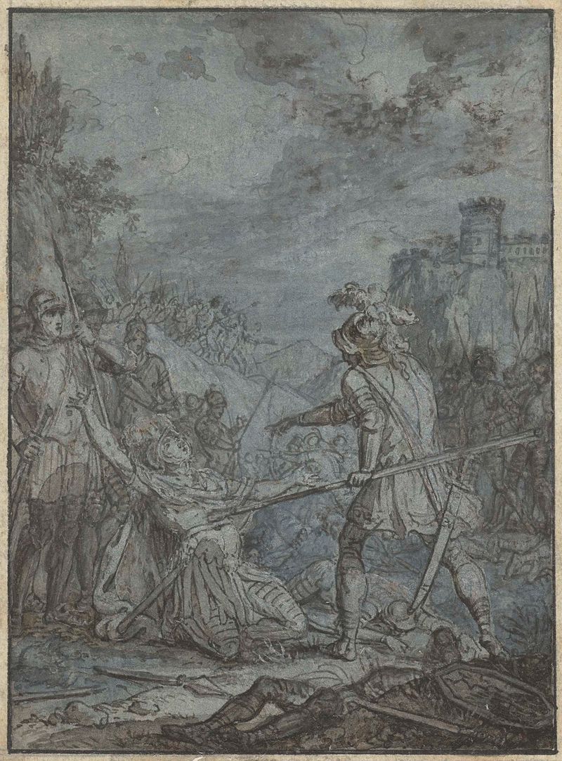 Historical drawing by Joseph Werner depicting a commander in a moment of surrender.