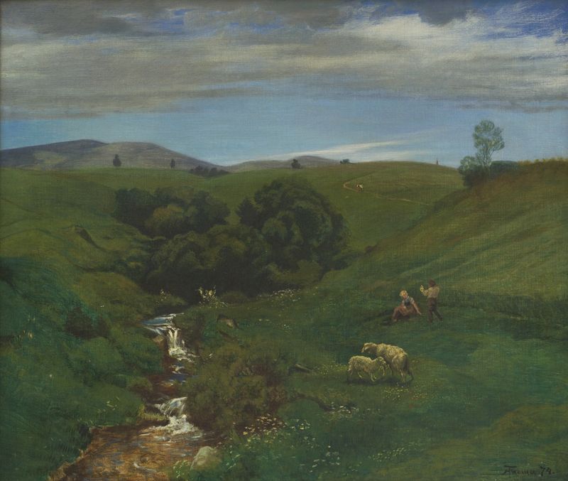 Black Forest Meadow near Bernau by Hans Thoma, oil on canvas, featuring a vibrant green meadow and tall trees