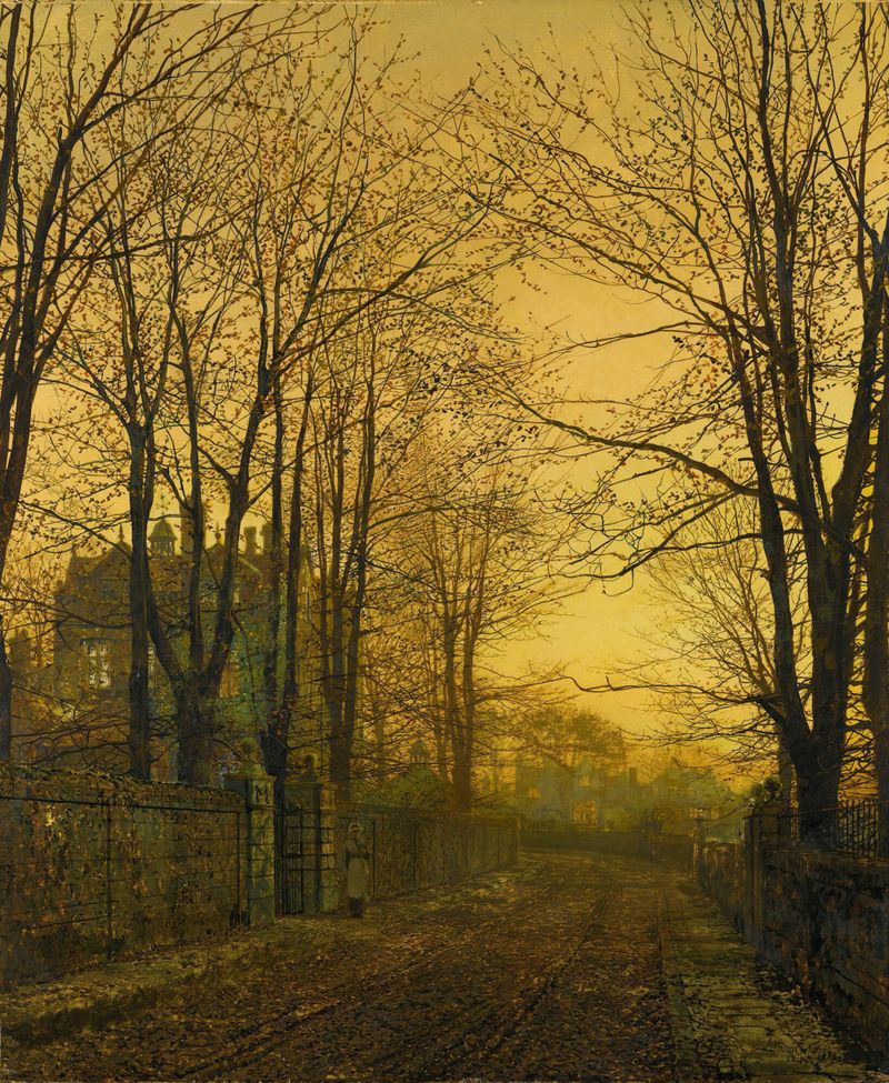 October After Glow de John Atkinson Grimshaw, óleo sobre tela, retratando uma paisagem de outono ao pôr do sol.