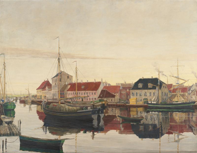 Randers havn by Johan Rohde, oil on canvas, depicting a tranquil harbor at dawn