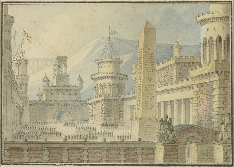 Pintura al óleo neoclásica de Alphonse Jean Baptiste Vien, que representa un patio de castillo con un obelisco.