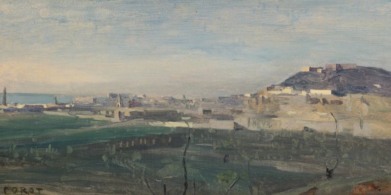 Paisagem da Baía de Nápoles por Jean-Baptiste-Camille Corot, pintura a óleo