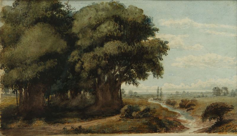 Paisaje con figuras en un bosque, luz del sol filtrándose entre los árboles, de Prilidiano Pueyrredòn.
