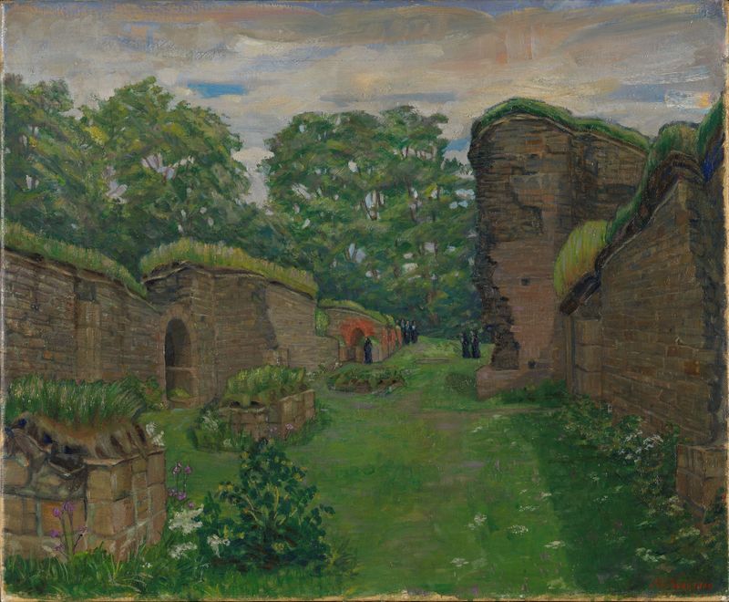 Cloister Ruins at Hovedøya de Anders Castus Svarstad, pintura a óleo que retrata arquitetura em ruínas e natureza.