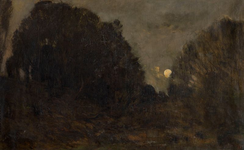 Moonrise at Barbizon by Charles François Daubigny, oil painting depicting a tranquil landscape at twilight.