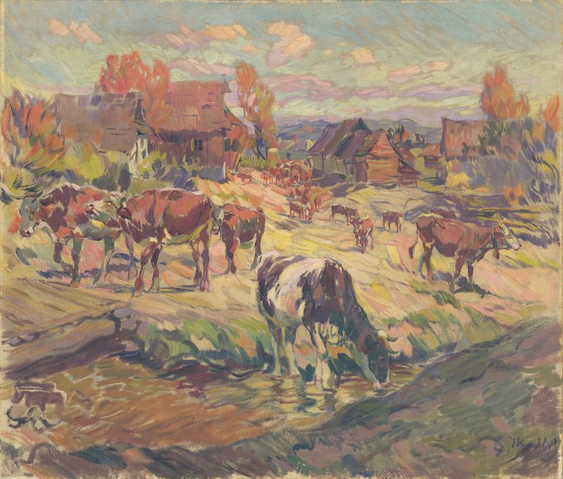 Paisaje que representa un tranquilo pastizal con luz suave, de Gustáv Mallý, pintura al óleo