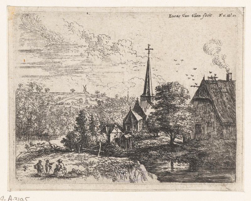 Grabado de Lucas van Uden que representa un pueblo junto a un río