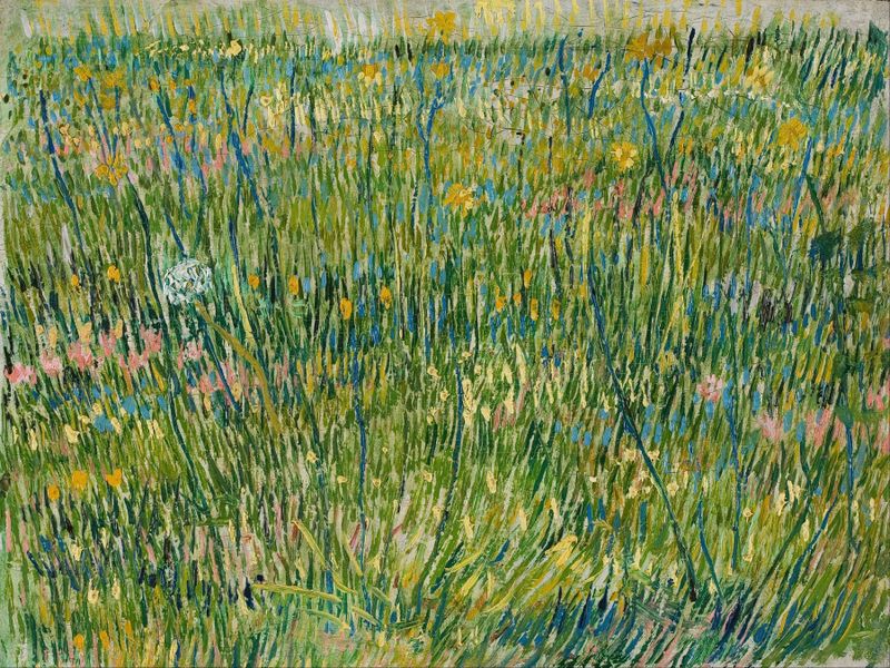 Patch of grass de Vincent van Gogh, óleo sobre tela, com tons de verde vibrantes e pinceladas expressivas.