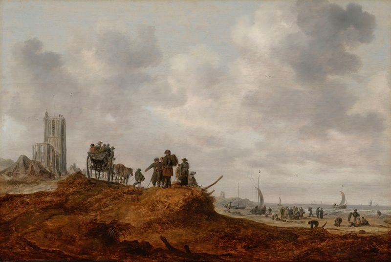 The Old Church at Egmond aan Zee by Jan van Goyen, oil painting of a church in a serene landscape.