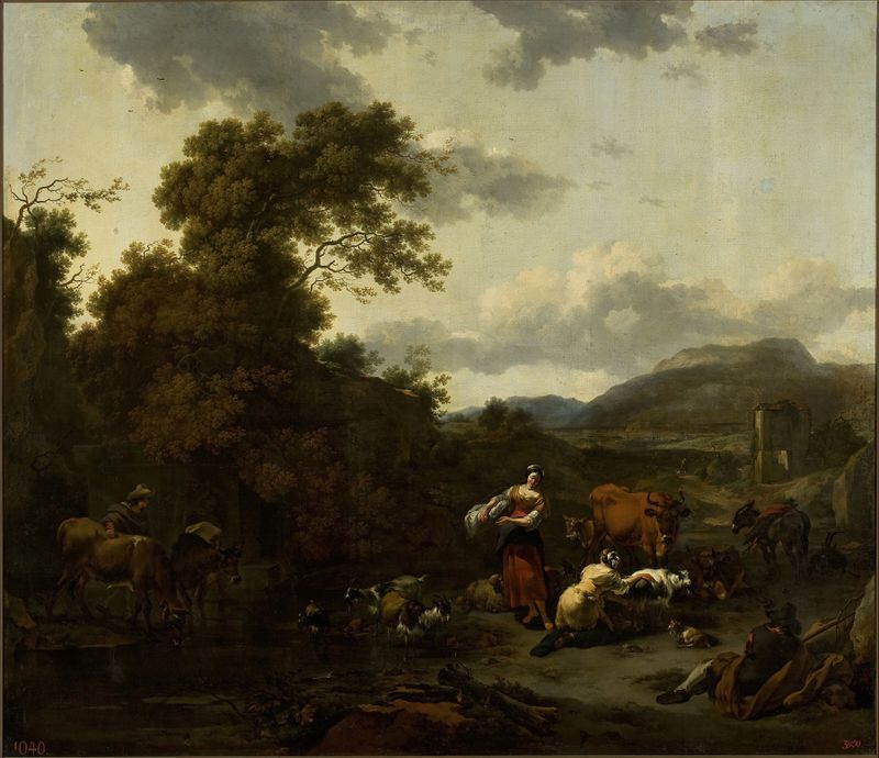 Paisagem com uma cena pastoral, pintura a óleo de Nicolaes Pietersz Berchem