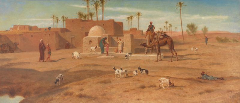 The Village Well by Frederick Goodall, oil on canvas, figures around a well in a village setting.