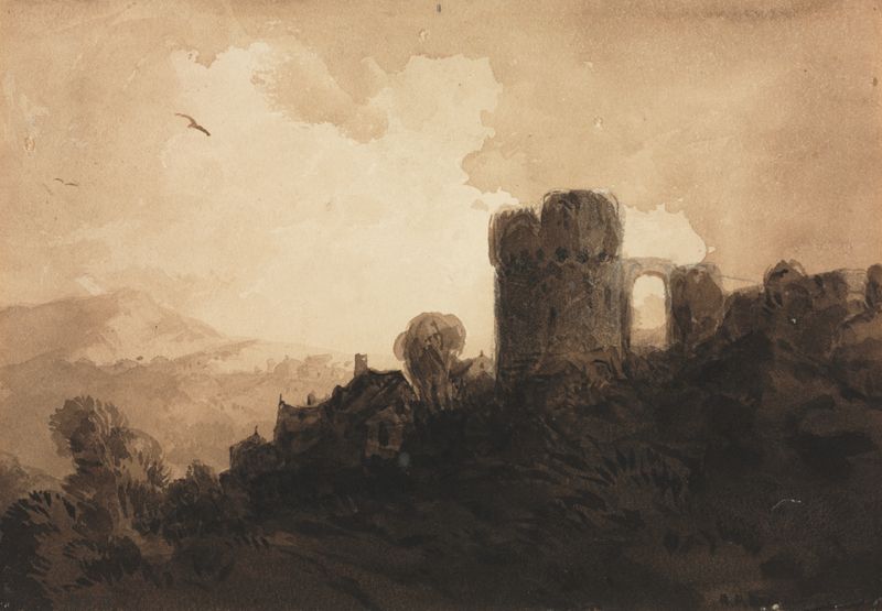 Paisagem com Ruínas de Castelo por Richard Parkes Bonington, pintura a óleo que retrata um castelo e uma floresta sob um c...