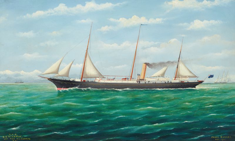 Oil on canvas by Frank Barnes depicting a sampan on the ocean with reflections and a clear sky
