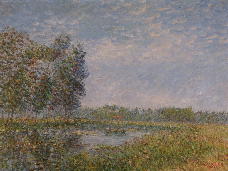 Bords de l’Eure, Normandie de Gustave Loiseau, pintura al óleo que representa un paisaje de río tranquilo.