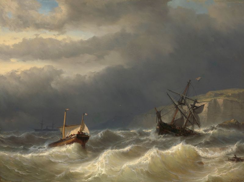 Storm in the Strait of Dover de Louis Meijer, representando un mar turbulento con barcos, óleo