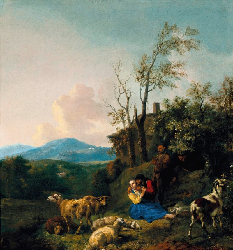 Shepherds and their flock in a vast landscape, oil painting by Jan Baptist Wolfaerts