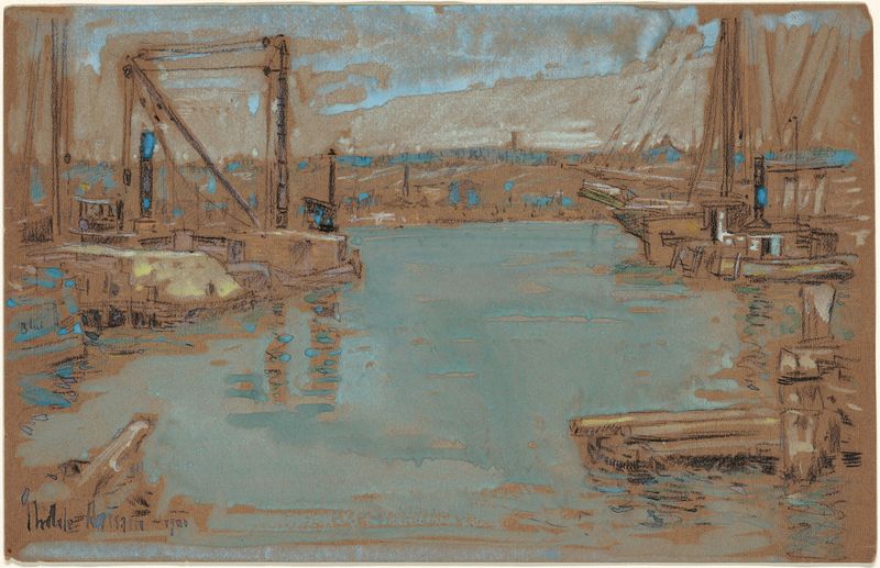 Pintura al óleo de Childe Hassam que representa barcos en el North River en Nueva York