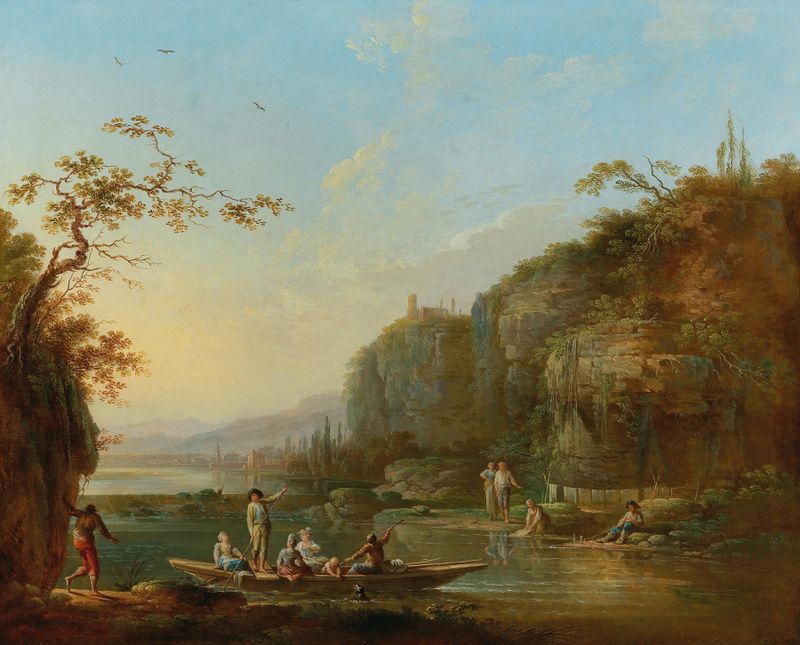 River landscape with figures by Jean Baptiste Claudot, medium unknown