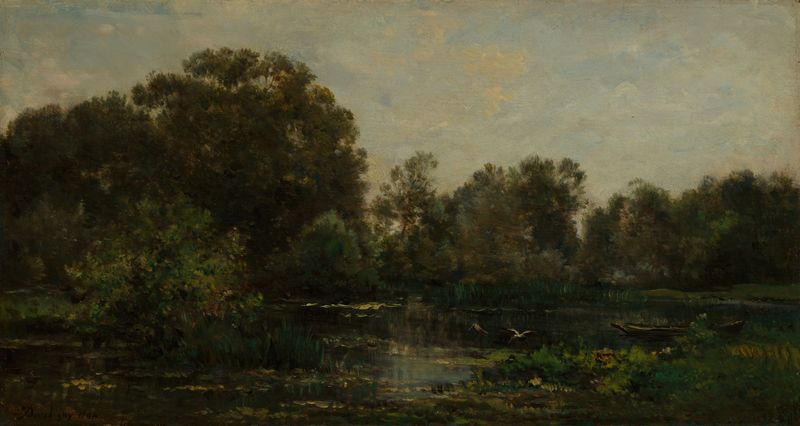 Un paisaje de río con cigüeñas, óleo sobre lienzo de Charles François Daubigny