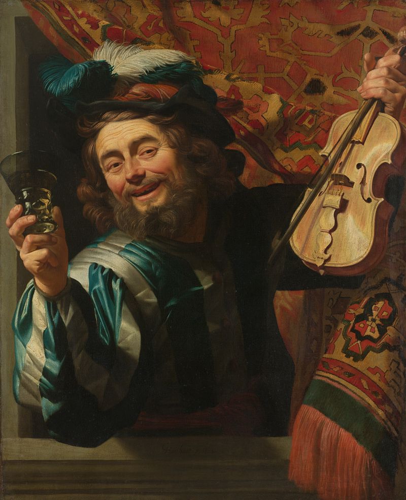The Merry Fiddler by Gerard van Honthorst, oil on canvas, a man in Italian clothing leans out of a window.
