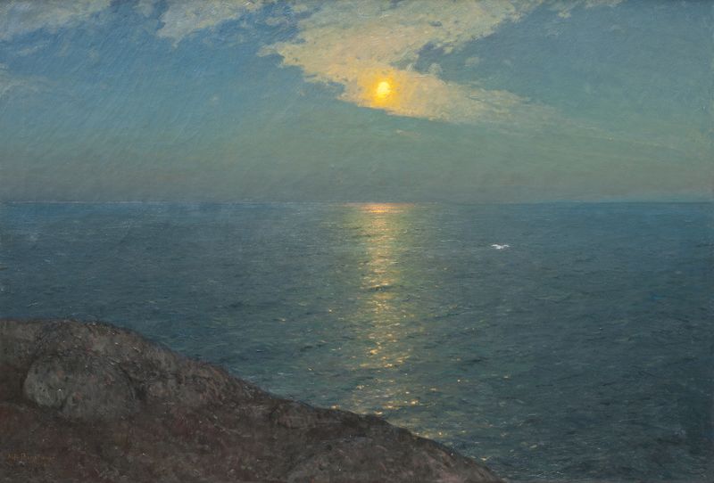 Oil painting By the Sea by Alfred Bergström depicting figures at the shore during sunset.