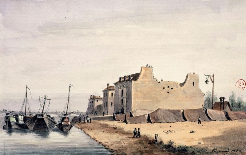 Grabado de Auguste-Sébastien Bénard que muestra una multitud en L’hôtel des Haricots
