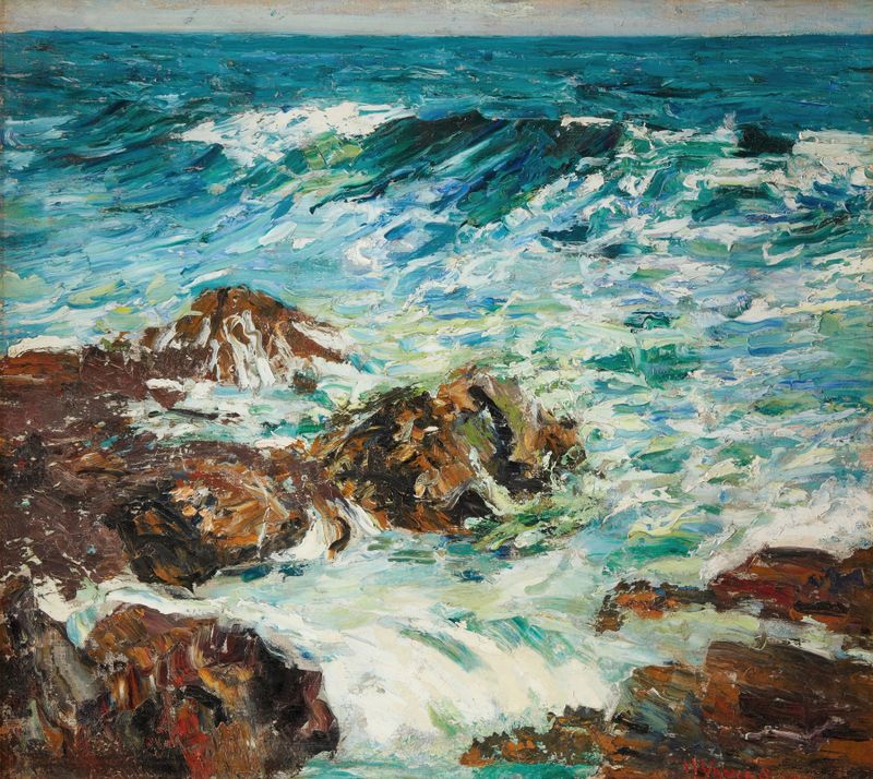 Crashing Surf de Vance H. Swope, óleo sobre lienzo que muestra olas tumultuosas y la costa