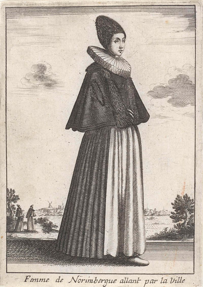 Femme de Nörimbergue allant par la Ville, grabado de Unknown Artist, con una mujer caminando por la ciudad.