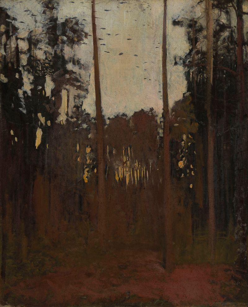 Study for ‘Capercaillie’ de Jozef Chelmonski, óleo que muestra un capercaillie en un bosque.